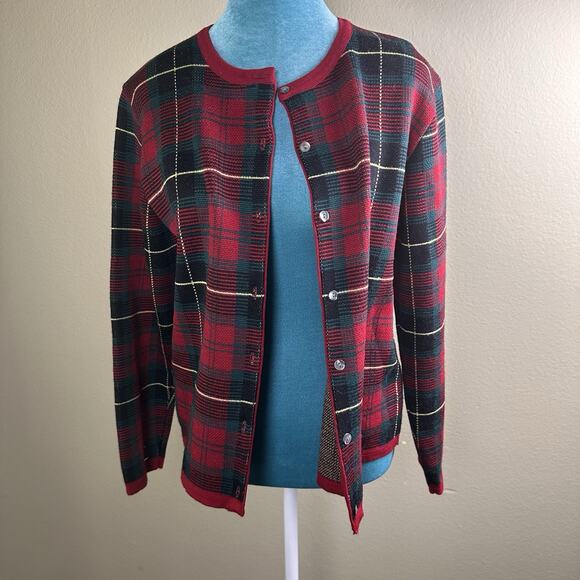 Talbots women S Cardigan Merino Wool Button Red Christmas Plaid made in Italy - Picture 8 of 16